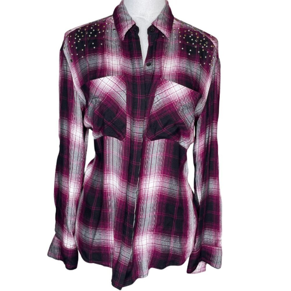 Express Burgundy Gray Plaid Flannel Roll Tab Studded Shoulder Button Down Shirt - Picture 2 of 7